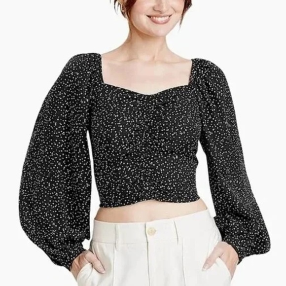 a new day Tops - A New Day Black Polka Dot Ruched Long Sleeve Crop Top Medium